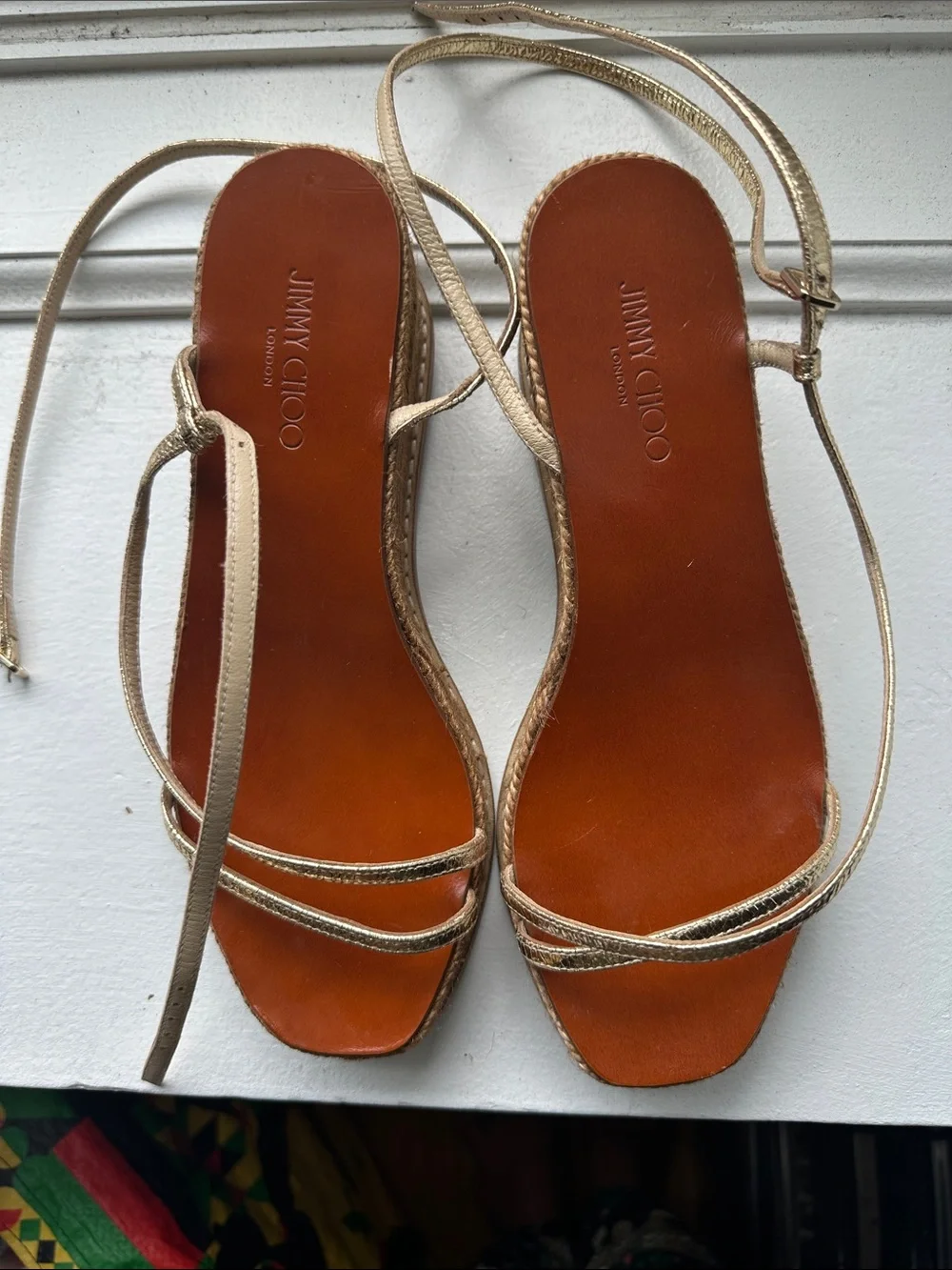 Jimmy Choo Gold Metallic Espadrille Wedge Sandal with Ankle Tie
